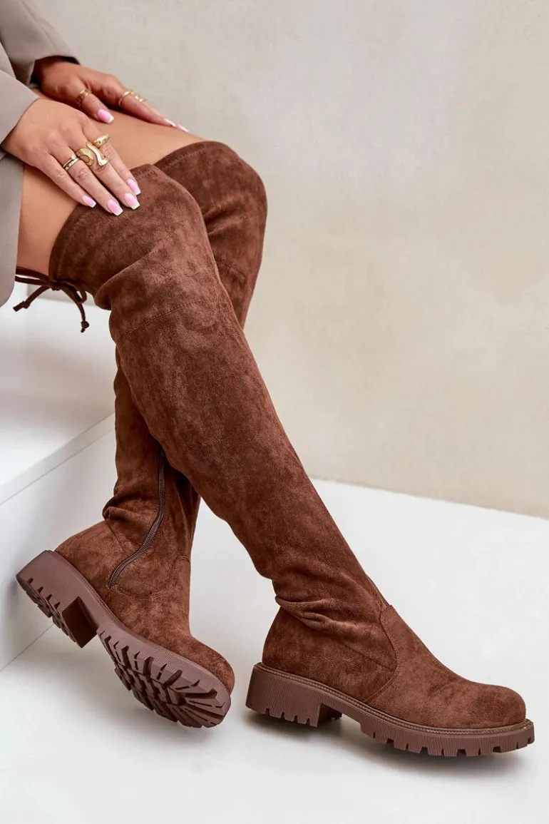 Kozaki Za Kolano Na Płaskim Obcasie Z Eko Zamszu Brązowe Arkelia