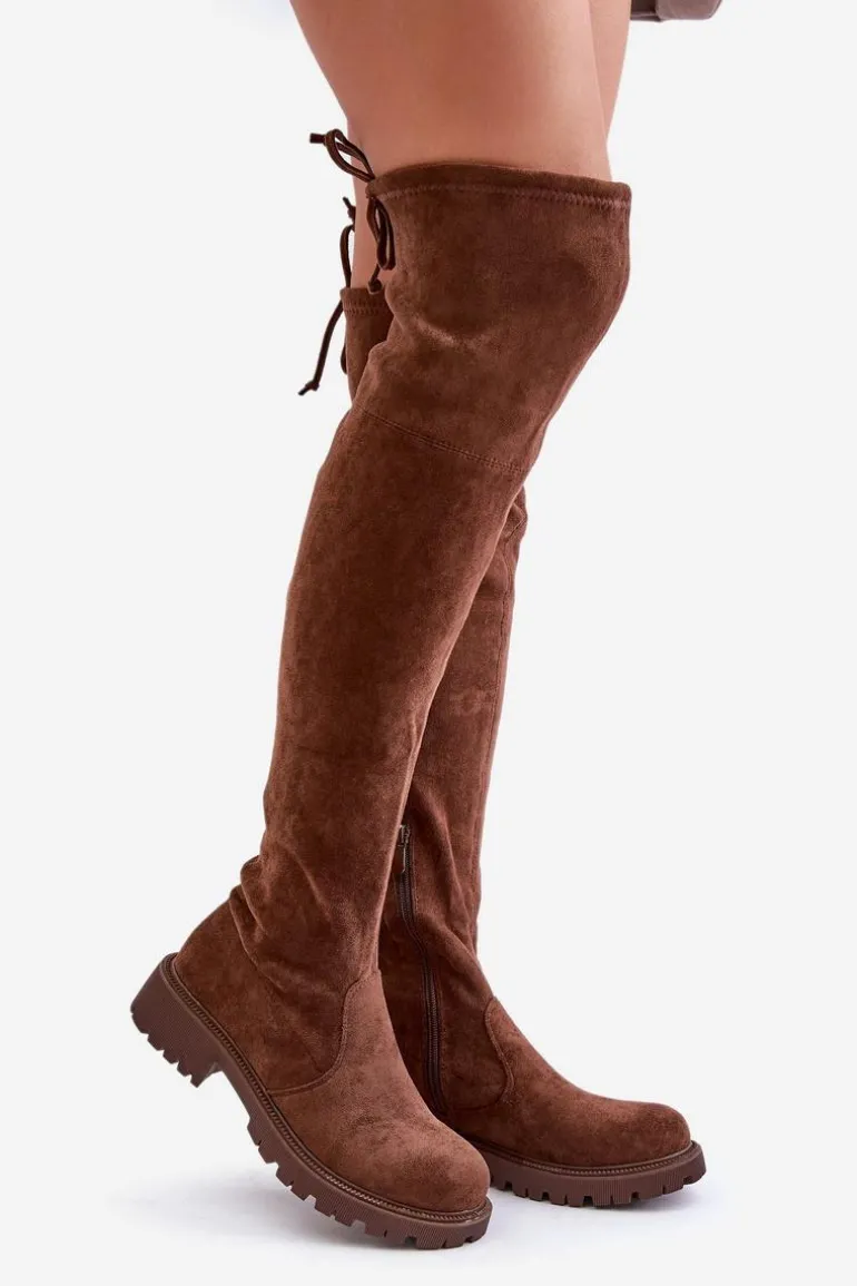 Kozaki Za Kolano Na Płaskim Obcasie Z Eko Zamszu Brązowe Arkelia