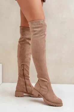Kozaki Za Kolano Na Płaskim Obcasie Beżowe Filora
