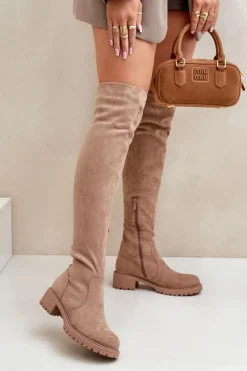 Kozaki Za Kolano Na Płaskim Obcasie Beżowe Filora