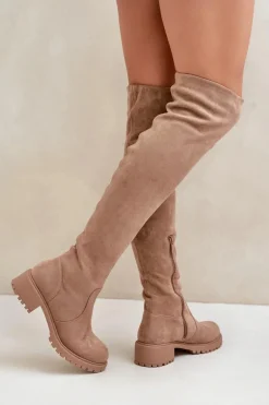 Kozaki Za Kolano Na Płaskim Obcasie Beżowe Filora