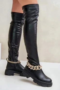 Kozaki Za Kolano Na Płaskim Obcasie Z Łańcuchem Pemeriana