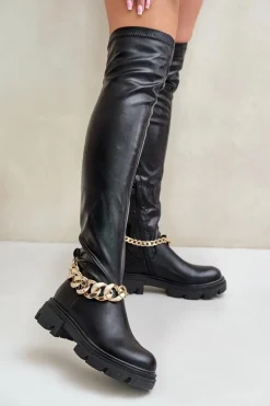 Kozaki Za Kolano Na Płaskim Obcasie Z Łańcuchem Pemeriana