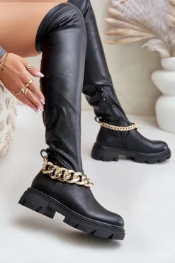 Kozaki Za Kolano Na Płaskim Obcasie Z Łańcuchem Pemeriana