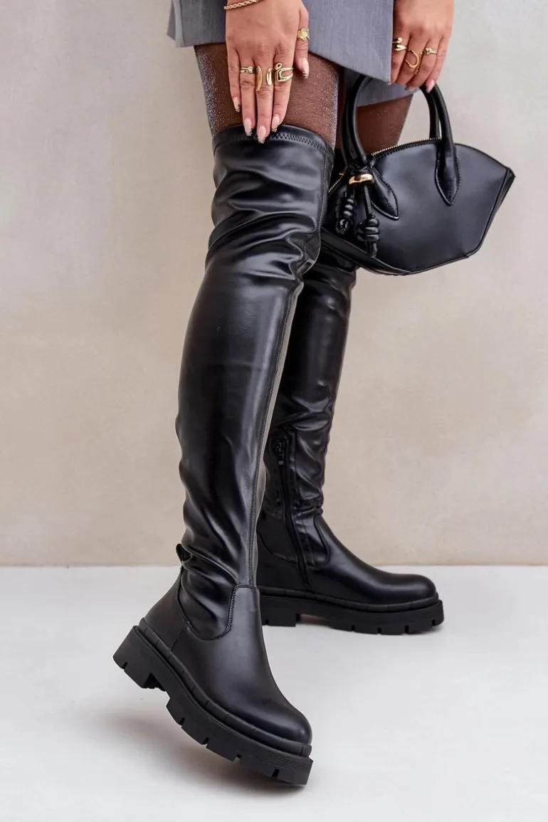 Kozaki Za Kolano Na Płaskim Obcasie Czarne Feliri