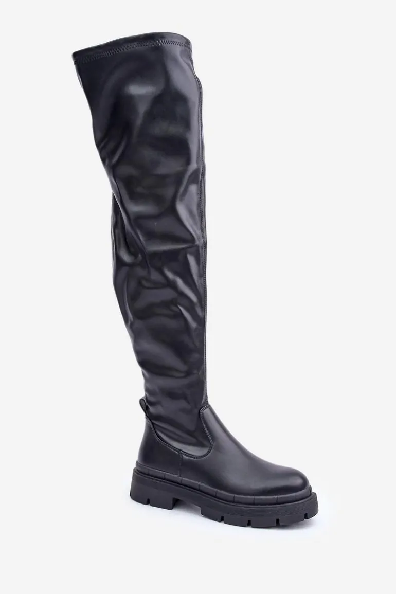 Kozaki Za Kolano Na Płaskim Obcasie Czarne Feliri