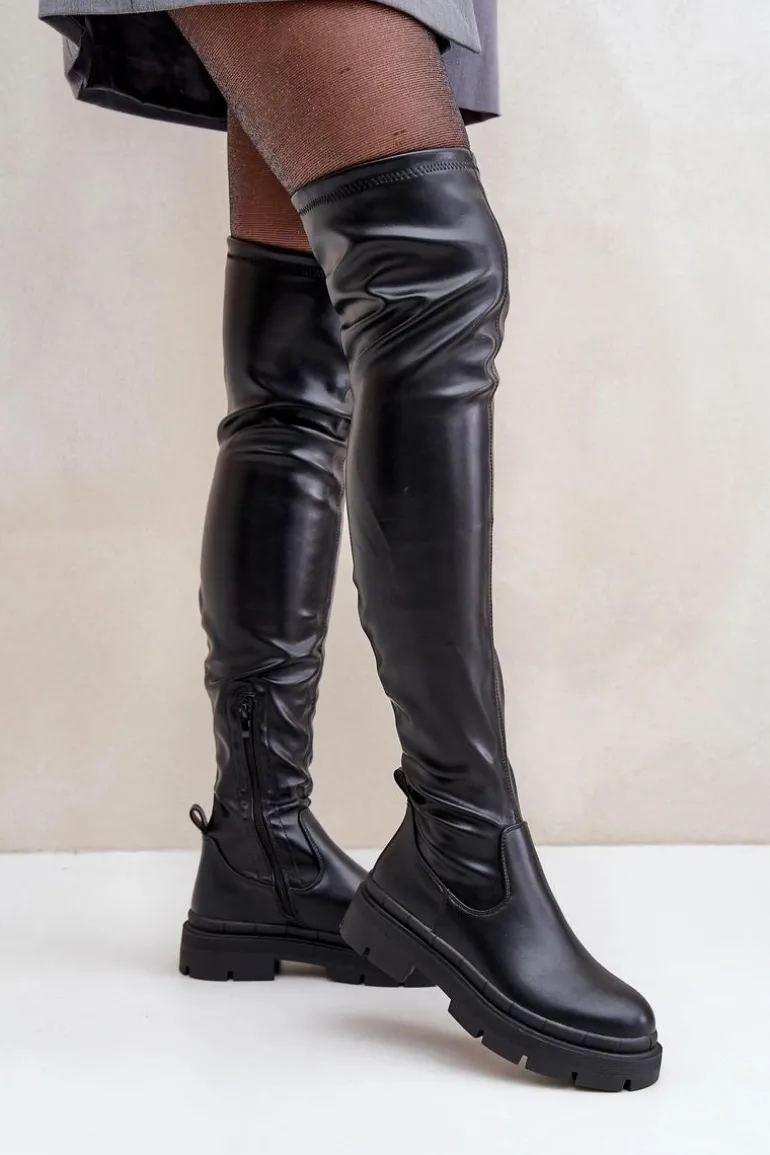 Kozaki Za Kolano Na Płaskim Obcasie Czarne Feliri