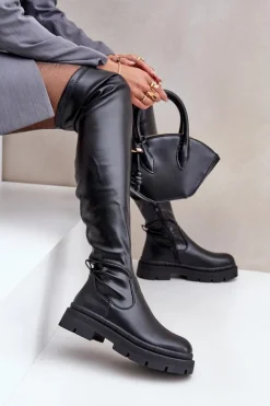 Kozaki Za Kolano Na Płaskim Obcasie Czarne Feliri