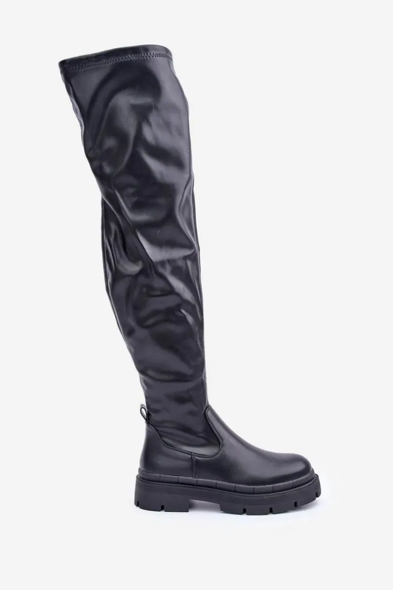 Kozaki Za Kolano Na Płaskim Obcasie Czarne Feliri