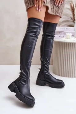 Kozaki Za Kolano Na Platformie I Płaskim Obcasie Z Eko Skóry Czarne Loreviana