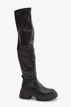 Kozaki Za Kolano Na Platformie I Płaskim Obcasie Z Eko Skóry Czarne Loreviana