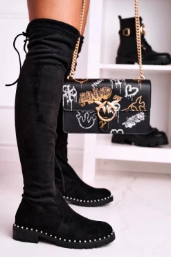 Kozaki Za Kolano Z Perełkami Zamszowe Czarne Isabel