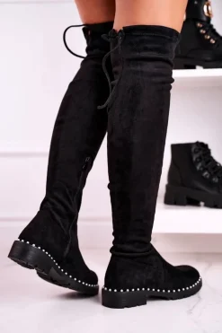 Kozaki Za Kolano Z Perełkami Zamszowe Czarne Isabel