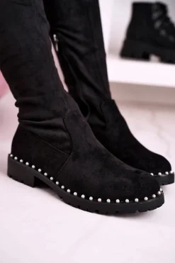 Kozaki Za Kolano Z Perełkami Zamszowe Czarne Isabel