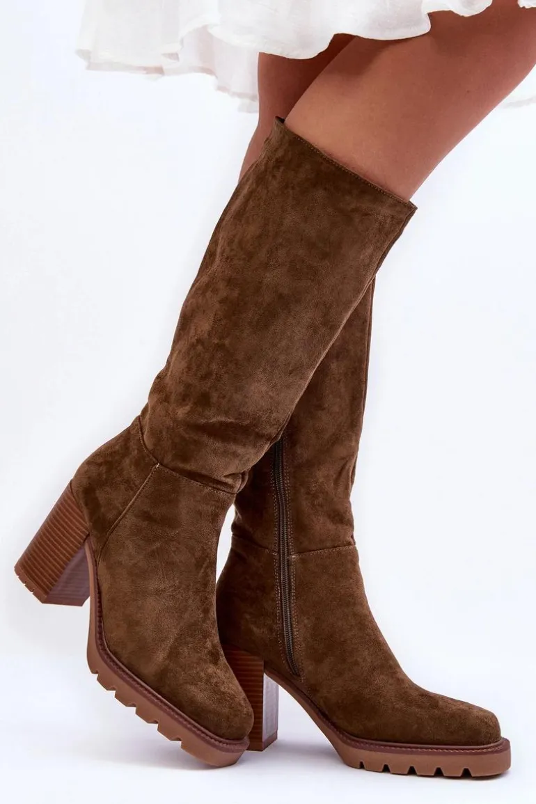 Kozaki Zamszowe Na Masywnym Obcasie Oliwkowe Virdana