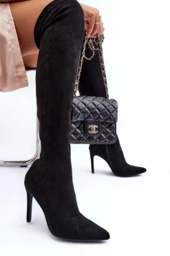 Kozaki Zamszowe Za Kolano Na Szpilce Czarne Calfi