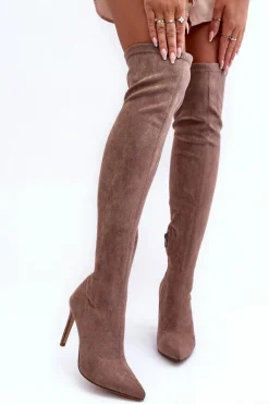 Kozaki Zamszowe Za Kolano Na Szpilce Beżowe Calfi