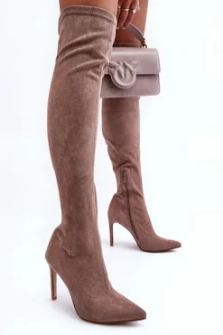 Kozaki Zamszowe Za Kolano Na Szpilce Beżowe Calfi