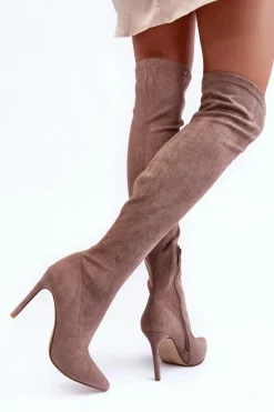 Kozaki Zamszowe Za Kolano Na Szpilce Beżowe Calfi