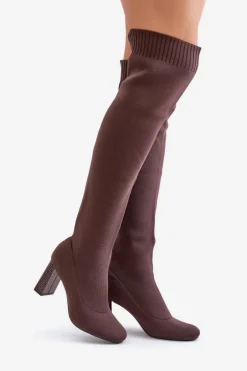 Kozaki Ze Skarpetkową Cholewką Za Kolano Na Słupku Brązowe Esanira