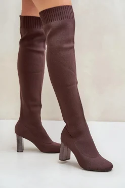 Kozaki Ze Skarpetkową Cholewką Za Kolano Na Słupku Brązowe Esanira