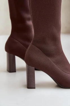 Kozaki Ze Skarpetkową Cholewką Za Kolano Na Słupku Brązowe Esanira