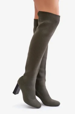 Kozaki Ze Skarpetkową Cholewką Za Kolano Na Słupku Ciemnozielone Esanira