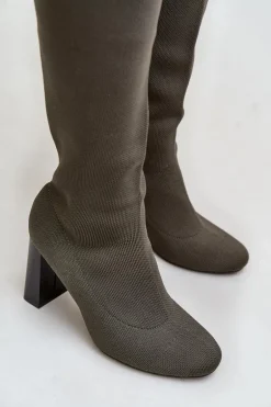 Kozaki Ze Skarpetkową Cholewką Za Kolano Na Słupku Ciemnozielone Esanira
