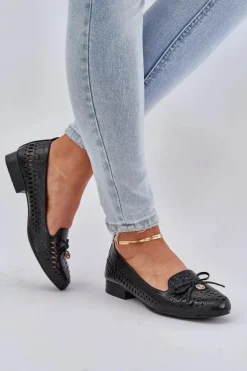Lakierowane Ażurowe Baleriny Z Kokardką Eko Skórzane Czarne Amepitrea