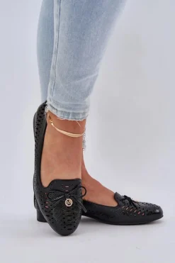Lakierowane Ażurowe Baleriny Z Kokardką Eko Skórzane Czarne Amepitrea