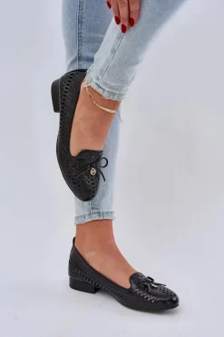 Lakierowane Ażurowe Baleriny Z Kokardką Eko Skórzane Czarne Amepitrea