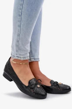 Lakierowane Ażurowe Baleriny Z Kokardką Eko Skórzane Czarne Amepitrea