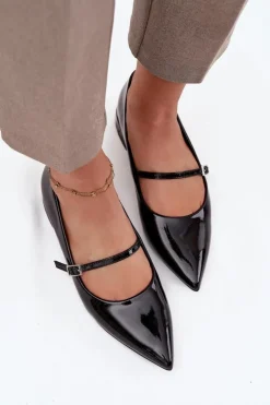 Lakierowane Baleriny Na Delikatnym Obcasie Z Paskiem Czarne Isvella