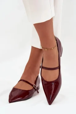 Lakierowane Baleriny Na Delikatnym Obcasie Z Paskiem Bordowe Isvella