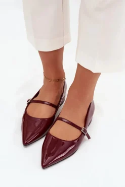 Lakierowane Baleriny Na Delikatnym Obcasie Z Paskiem Bordowe Isvella