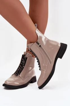 Lakierowane Botki Damskie Z Naturalnej Skóry D&A MR52-108 Beżowe