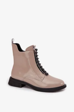 Lakierowane Botki Damskie Z Naturalnej Skóry D&A MR52-108 Beżowe