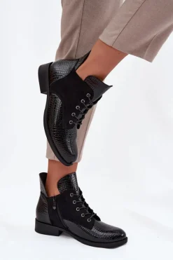 Lakierowane Botki Damskie Z Ozdobnym Tłoczeniem Ocieplane Vinceza 16477 Czarne