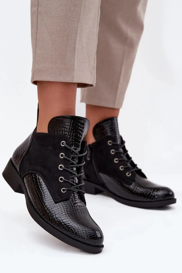 Lakierowane Botki Damskie Z Ozdobnym Tłoczeniem Ocieplane Vinceza 16477 Czarne