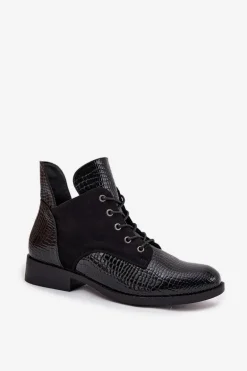 Lakierowane Botki Damskie Z Ozdobnym Tłoczeniem Ocieplane Vinceza 16477 Czarne