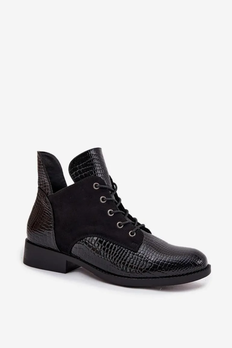 Lakierowane Botki Damskie Z Ozdobnym Tłoczeniem Ocieplane Vinceza 16477 Czarne