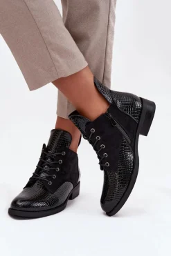 Lakierowane Botki Damskie Z Ozdobnym Tłoczeniem Ocieplane Vinceza 16477 Czarne