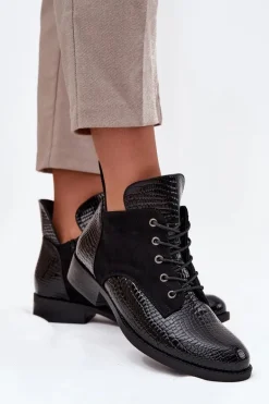 Lakierowane Botki Damskie Z Ozdobnym Tłoczeniem Ocieplane Vinceza 16477 Czarne