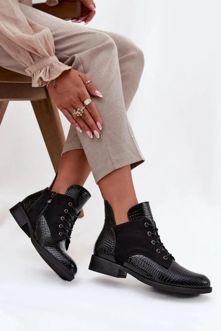 Lakierowane Botki Damskie Z Ozdobnym Tłoczeniem Ocieplane Vinceza 16477 Czarne