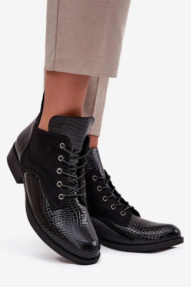 Lakierowane Botki Damskie Z Ozdobnym Tłoczeniem Ocieplane Vinceza 16477 Czarne