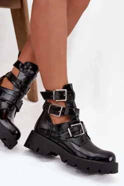 Lakierowane Botki Damskie Z Paskami I Srebrnymi Klamrami Czarne Helisse