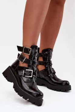 Lakierowane Botki Damskie Z Paskami I Srebrnymi Klamrami Czarne Helisse