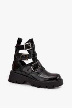 Lakierowane Botki Damskie Z Paskami I Srebrnymi Klamrami Czarne Helisse