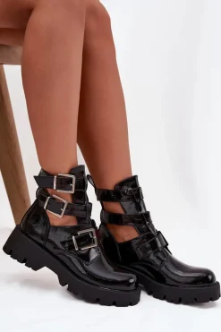 Lakierowane Botki Damskie Z Paskami I Srebrnymi Klamrami Czarne Helisse