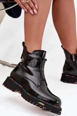 Lakierowane Botki Damskie Z Naturalnej Skóry Ocieplane Artiker 57C0166 Czarne